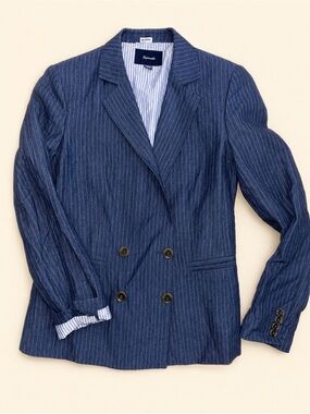 Faconnable Linen Navy Pinstripe Double-Breasted Blazer